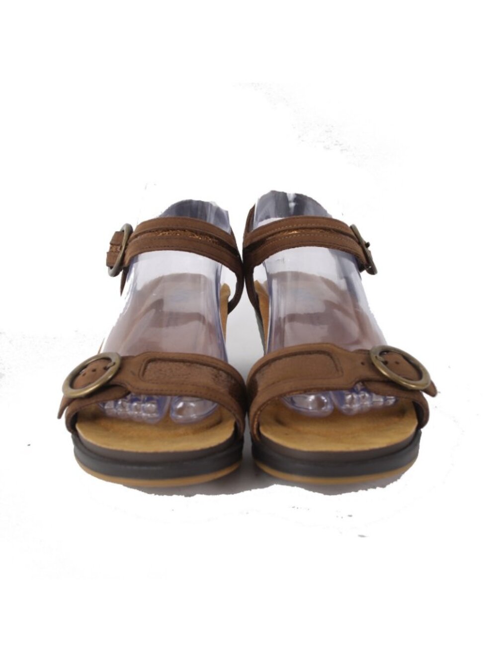 SAS Wedge Sandals Sz 9.5 W Brown Bronze Buckle Open Toe Leather 2" Wedge Sandal - Picture 2 of 10